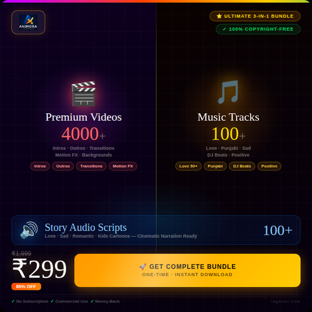 4000+ Videos, 100+ Stories and 100+ Music Copyright Free Complete Package